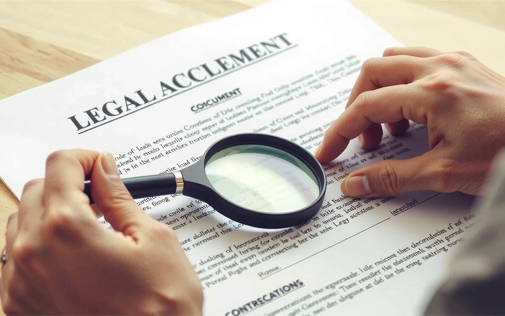 Person reading a legal document with a magnifying glass, representing careful review of terms